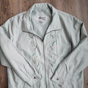 Vital Zone Pale Green Floral Embroidered Zip Jacket Size XL 100% Silk